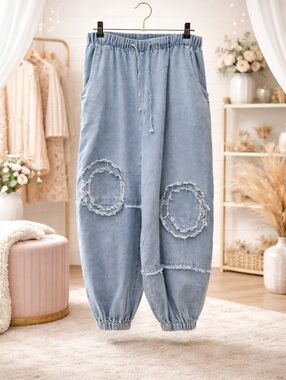 POL Light Blue Distressed Denim Jogger Pants